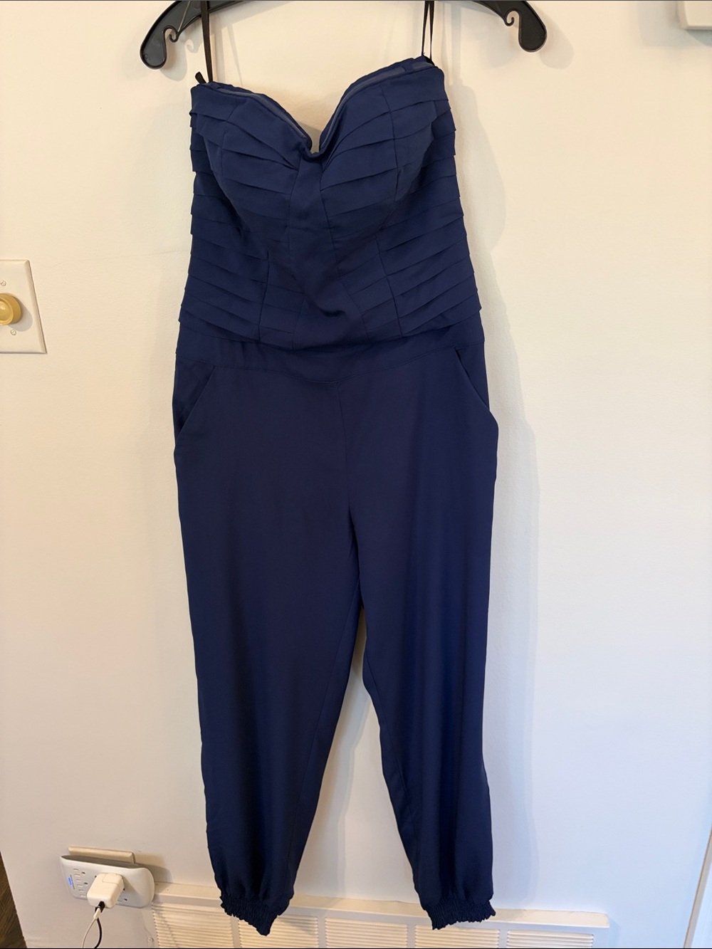 bebe Navy Strapless Pleated Jumpsuit